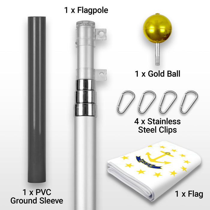 G128 Combo Pack: 16 Ft Telescoping Aluminum Flagpole (Silver) & Rhode Island RI  3x5 Ft, ToughWeave Series Embroidered 300D Polyester | Pole with Flag Included