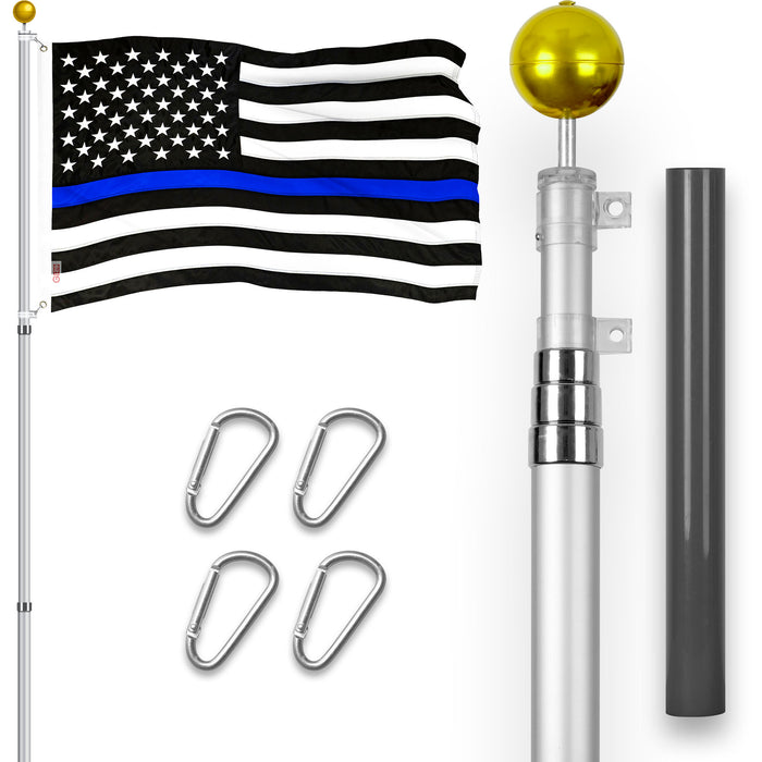 G128 Combo Pack: 16 Ft Telescoping Aluminum Flagpole (Silver) & Thin Blue Line Flag 3x5 Ft, ToughWeave Series Embroidered 210D Polyester | Pole with Flag Included