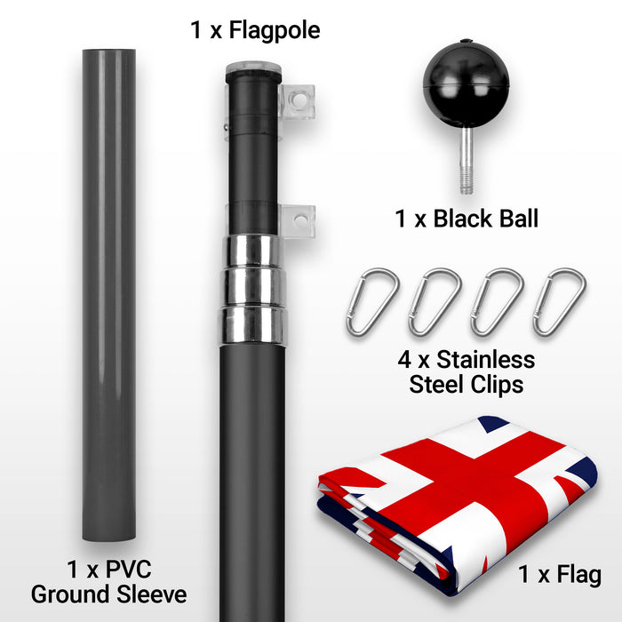 G128 Combo Pack: 16 Ft Telescoping Aluminum Flagpole (Black) & UK United Kingdom Flag 3x5 Ft, ToughWeave Series Embroidered 300D Polyester | Pole with Flag Included