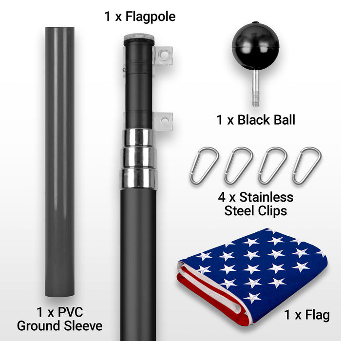 G128 Combo Pack: 16 Ft Telescoping Aluminum Flagpole (Black) & American USA Flag 3x5 Ft, ToughWeave Series Embroidered 210D Polyester | Pole with Flag Included