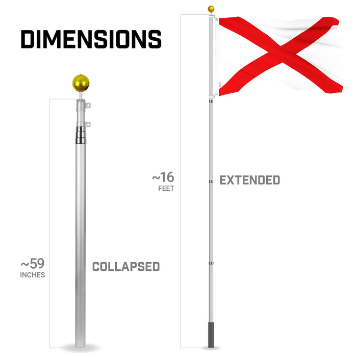 G128 Combo Pack: 16 Ft Telescoping Aluminum Flagpole (Silver) & Alabama AL  3x5 Ft, ToughWeave Series Embroidered 300D Polyester | Pole with Flag Included