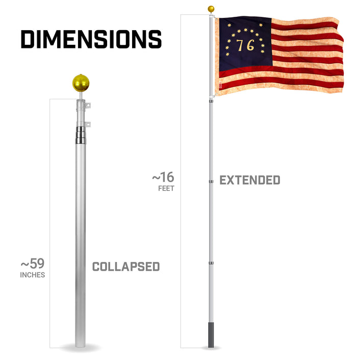 G128 Combo Pack: 16 Ft Telescoping Aluminum Flagpole (Silver) & Bennington 76 Tea-Stained Flag 3x5 Ft, ToughWeave Pro Series Embroidered 420D Polyester | Pole with Flag Included