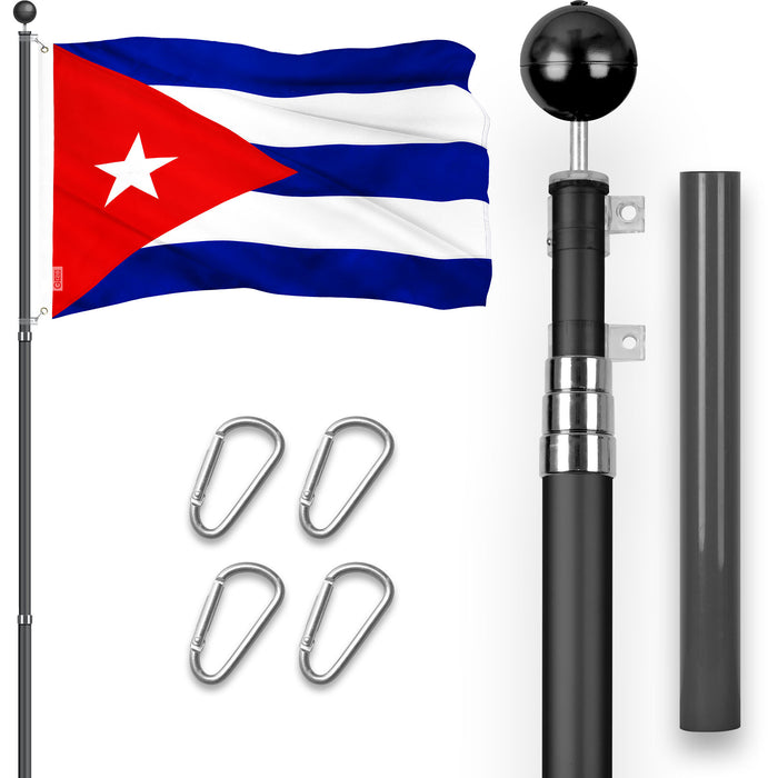 G128 Combo Pack: 16 Ft Telescoping Aluminum Flagpole (Black) & Cuba Cuban Flag 3x5 Ft, ToughWeave Series Embroidered 300D Polyester | Pole with Flag Included