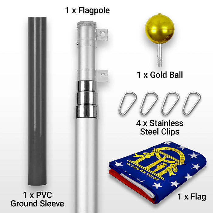 G128 Combo Pack: 16 Ft Telescoping Aluminum Flagpole (Silver) & Georgia GA  3x5 Ft, ToughWeave Series Embroidered 300D Polyester | Pole with Flag Included