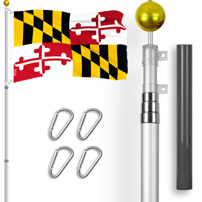 G128 Combo Pack: 16 Ft Telescoping Aluminum Flagpole (Silver) & Maryland MD  3x5 Ft, ToughWeave Series Embroidered 300D Polyester | Pole with Flag Included