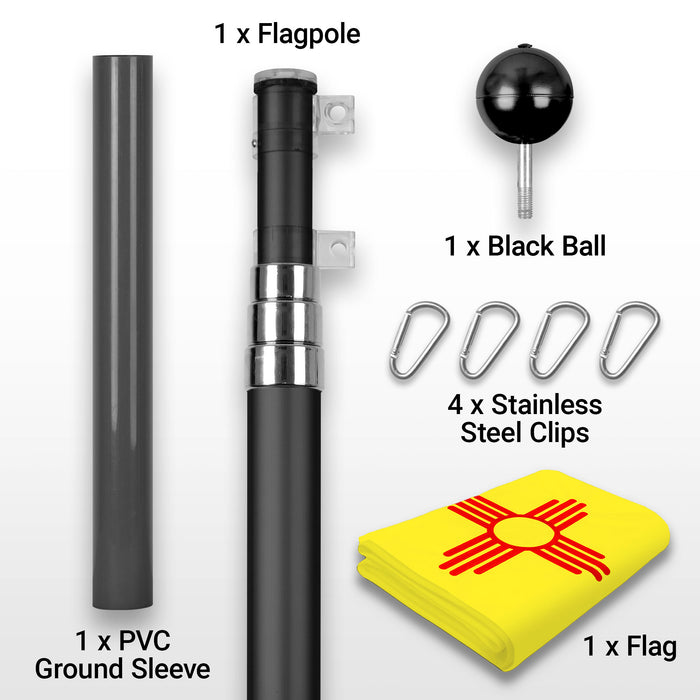 G128 Combo Pack: 16 Ft Telescoping Aluminum Flagpole (Black) & New Mexico NM  3x5 Ft, ToughWeave Series Embroidered 300D Polyester | Pole with Flag Included