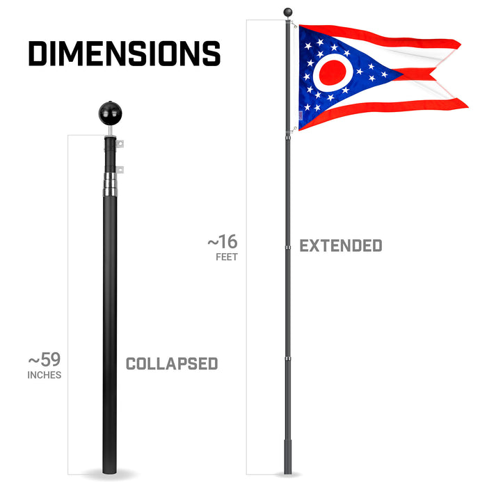 G128 Combo Pack: 16 Ft Telescoping Aluminum Flagpole (Black) & Ohio OH  3x5 Ft, ToughWeave Series Embroidered 300D Polyester | Pole with Flag Included