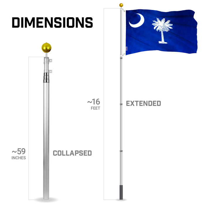G128 Combo Pack: 16 Ft Telescoping Aluminum Flagpole (Silver) & South Carolina SC  3x5 Ft, ToughWeave Series Embroidered 300D Polyester | Pole with Flag Included
