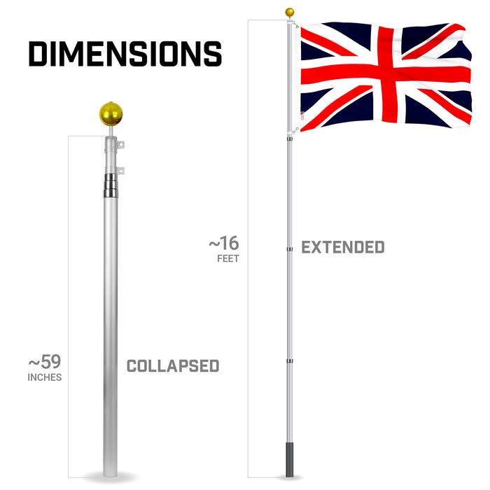 G128 Combo Pack: 16 Ft Telescoping Aluminum Flagpole (Silver) & UK United Kingdom Flag 3x5 Ft, ToughWeave Series Embroidered 300D Polyester | Pole with Flag Included