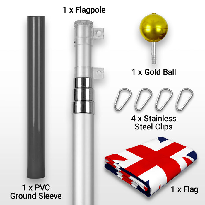 G128 Combo Pack: 16 Ft Telescoping Aluminum Flagpole (Silver) & UK United Kingdom Flag 3x5 Ft, ToughWeave Series Embroidered 300D Polyester | Pole with Flag Included
