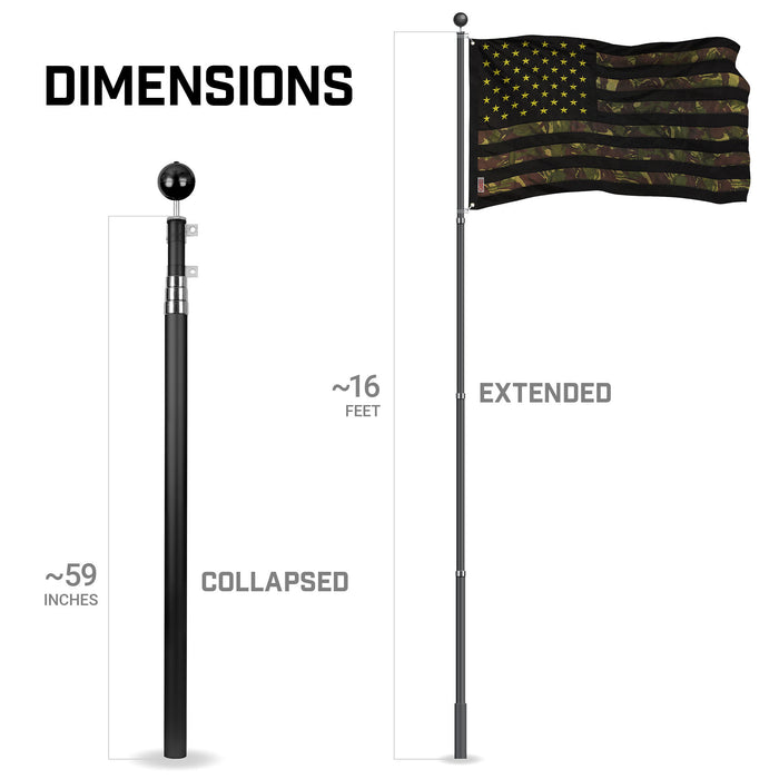 G128 Combo Pack: 16 Ft Telescoping Aluminum Flagpole (Black) & American USA Camouflage Flag 3x5 Ft, ToughWeave Pro Series Embroidered 420D Polyester | Pole with Flag Included