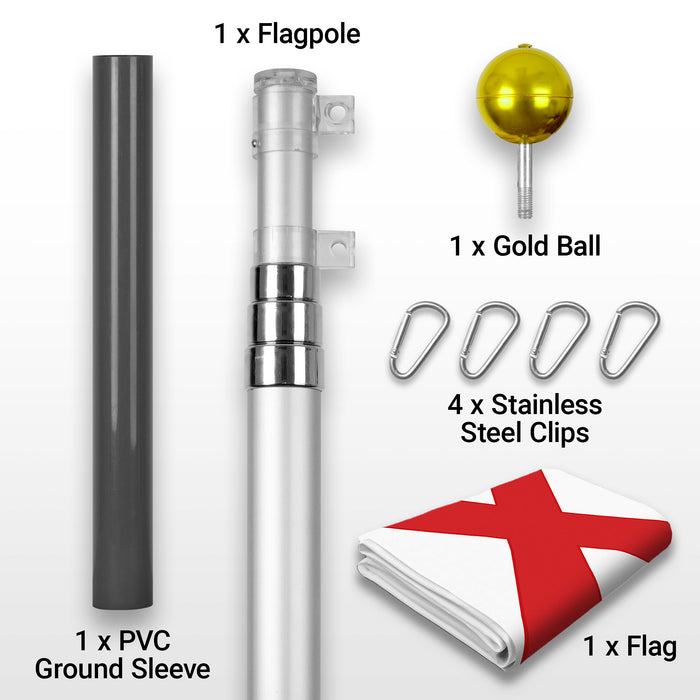 G128 Combo Pack: 16 Ft Telescoping Aluminum Flagpole (Silver) & Alabama AL  3x5 Ft, ToughWeave Series Embroidered 300D Polyester | Pole with Flag Included