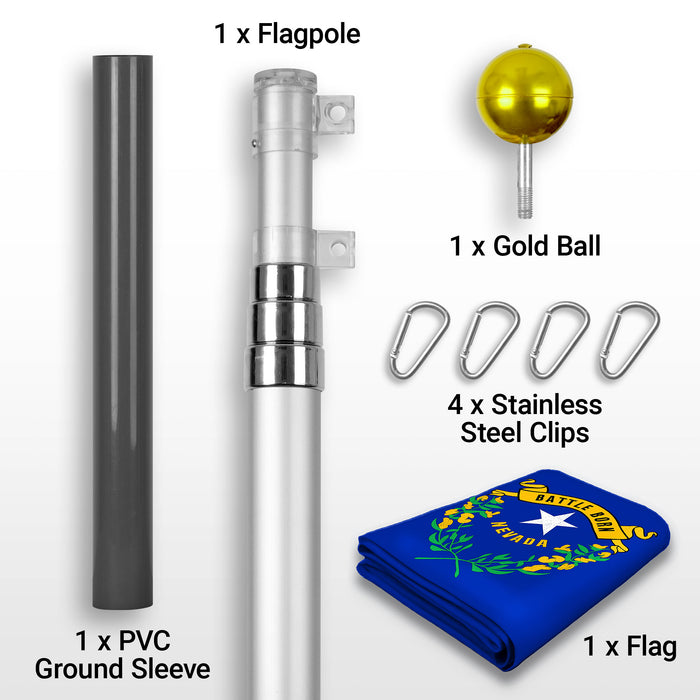 G128 Combo Pack: 16 Ft Telescoping Aluminum Flagpole (Silver) & Nevada NV  3x5 Ft, ToughWeave Series Embroidered 300D Polyester | Pole with Flag Included