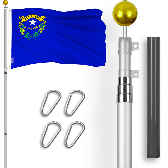G128 Combo Pack: 16 Ft Telescoping Aluminum Flagpole (Silver) & Nevada NV  3x5 Ft, ToughWeave Series Embroidered 300D Polyester | Pole with Flag Included