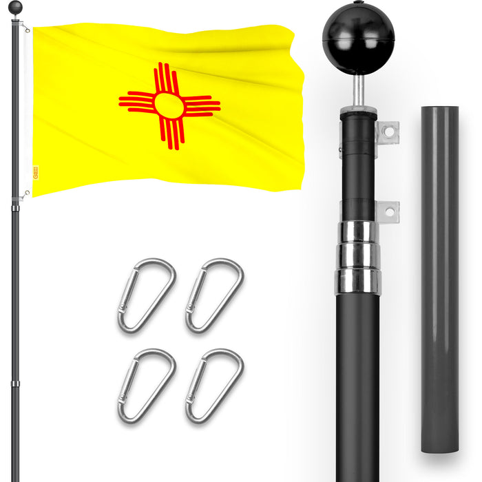 G128 Combo Pack: 16 Ft Telescoping Aluminum Flagpole (Black) & New Mexico NM  3x5 Ft, ToughWeave Series Embroidered 300D Polyester | Pole with Flag Included