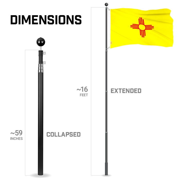G128 Combo Pack: 16 Ft Telescoping Aluminum Flagpole (Black) & New Mexico NM  3x5 Ft, ToughWeave Series Embroidered 300D Polyester | Pole with Flag Included