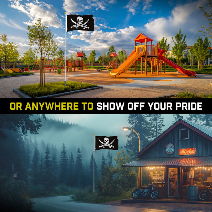 G128 Combo Pack: 16 Ft Telescoping Aluminum Flagpole (Silver) & Pirate Jolly Roger Swords Flag 3x5 Ft, ToughWeave Series Embroidered 300D Polyester | Pole with Flag Included