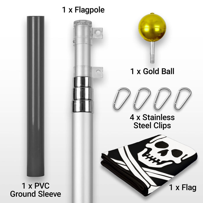 G128 Combo Pack: 16 Ft Telescoping Aluminum Flagpole (Silver) & Pirate Jolly Roger Swords Flag 3x5 Ft, ToughWeave Series Embroidered 300D Polyester | Pole with Flag Included