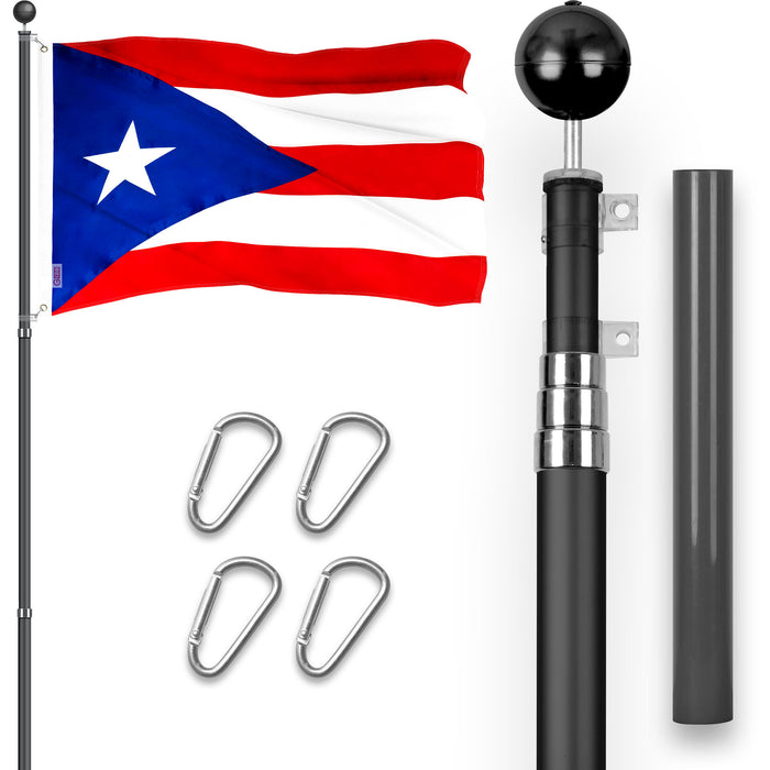 G128 Combo Pack: 16 Ft Telescoping Aluminum Flagpole (Black) & Puerto Rico Puerto Rican Flag 3x5 Ft, ToughWeave Series Embroidered 300D Polyester | Pole with Flag Included