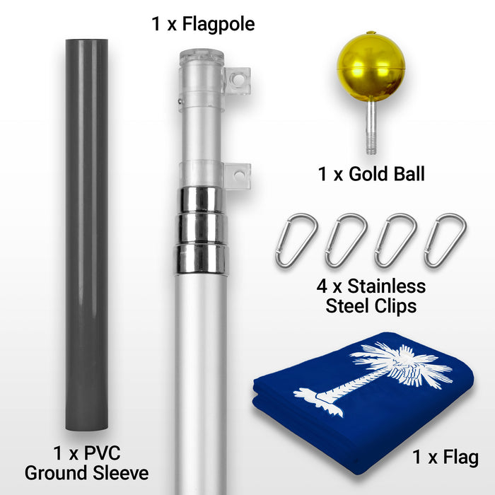 G128 Combo Pack: 16 Ft Telescoping Aluminum Flagpole (Silver) & South Carolina SC  3x5 Ft, ToughWeave Series Embroidered 300D Polyester | Pole with Flag Included