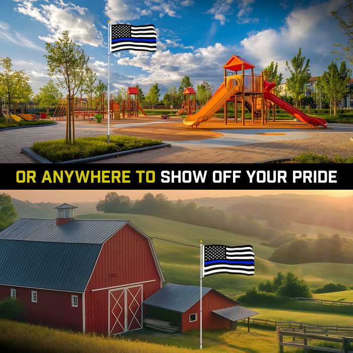G128 Combo Pack: 16 Ft Telescoping Aluminum Flagpole (Silver) & Thin Blue Line Flag 3x5 Ft, ToughWeave Series Embroidered 210D Polyester | Pole with Flag Included