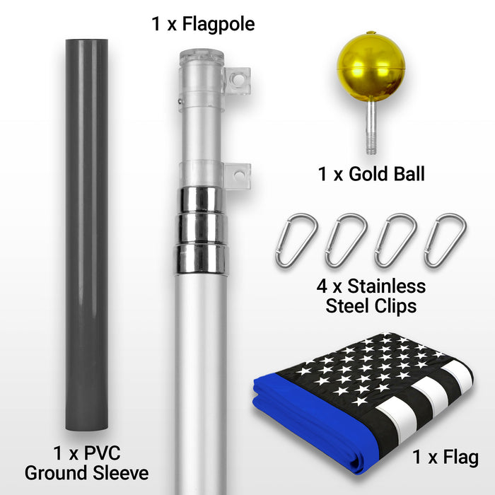 G128 Combo Pack: 16 Ft Telescoping Aluminum Flagpole (Silver) & Thin Blue Line Flag 3x5 Ft, ToughWeave Series Embroidered 210D Polyester | Pole with Flag Included