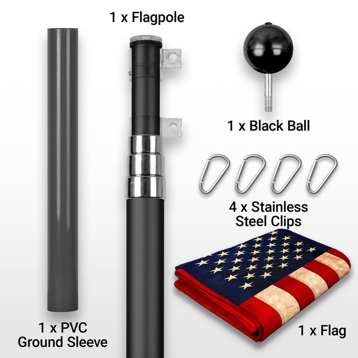 G128 Combo Pack: 16 Ft Telescoping Aluminum Flagpole (Black) & American USA Tea-Stained Flag 3x5 Ft, ToughWeave Pro Series Embroidered 420D Polyester | Pole with Flag Included