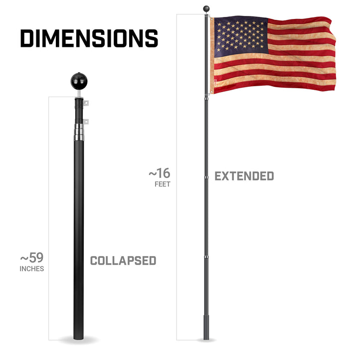 G128 Combo Pack: 16 Ft Telescoping Aluminum Flagpole (Black) & American USA Tea-Stained Flag 3x5 Ft, ToughWeave Pro Series Embroidered 420D Polyester | Pole with Flag Included
