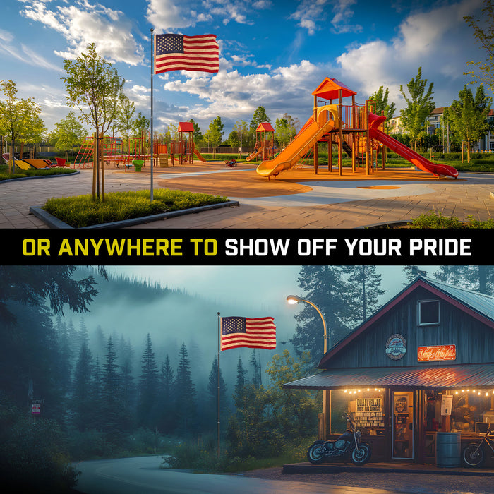 G128 Combo Pack: 16 Ft Telescoping Aluminum Flagpole (Black) & American USA Tea-Stained Flag 3x5 Ft, ToughWeave Pro Series Embroidered 420D Polyester | Pole with Flag Included