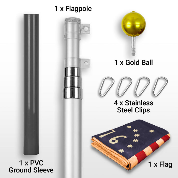 G128 Combo Pack: 16 Ft Telescoping Aluminum Flagpole (Silver) & Bennington 76 Tea-Stained Flag 3x5 Ft, ToughWeave Pro Series Embroidered 420D Polyester | Pole with Flag Included