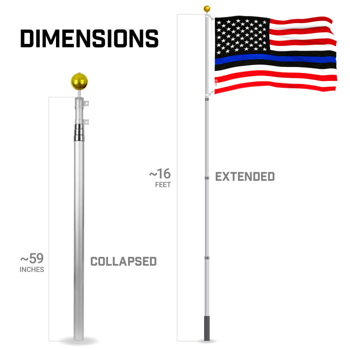 G128 Combo Pack: 16 Ft Telescoping Aluminum Flagpole (Silver) & Blue Lives Matter Flag 3x5 Ft, ToughWeave Series Embroidered 210D Polyester | Pole with Flag Included