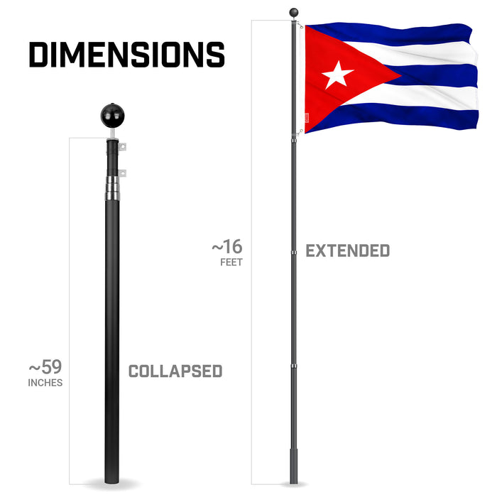 G128 Combo Pack: 16 Ft Telescoping Aluminum Flagpole (Black) & Cuba Cuban Flag 3x5 Ft, ToughWeave Series Embroidered 300D Polyester | Pole with Flag Included