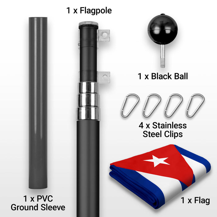 G128 Combo Pack: 16 Ft Telescoping Aluminum Flagpole (Black) & Cuba Cuban Flag 3x5 Ft, ToughWeave Series Embroidered 300D Polyester | Pole with Flag Included