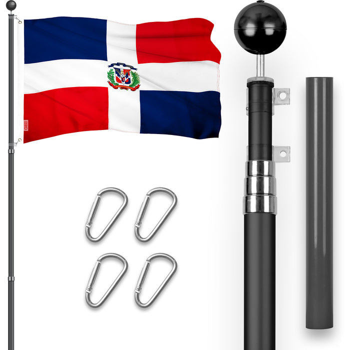 G128 Combo Pack: 16 Ft Telescoping Aluminum Flagpole (Black) & Dominican Republic Flag 3x5 Ft, ToughWeave Series Embroidered 300D Polyester | Pole with Flag Included
