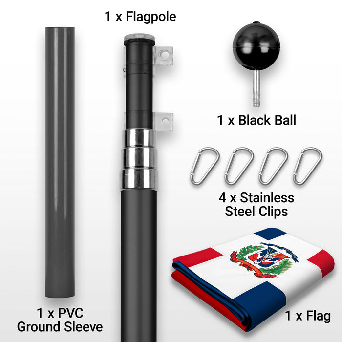 G128 Combo Pack: 16 Ft Telescoping Aluminum Flagpole (Black) & Dominican Republic Flag 3x5 Ft, ToughWeave Series Embroidered 300D Polyester | Pole with Flag Included