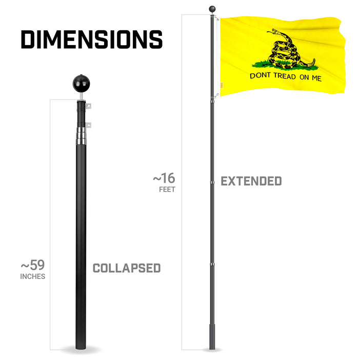 G128 Combo Pack: 16 Ft Telescoping Aluminum Flagpole (Black) & Gadsden Don't Tread On Me Flag 3x5 Ft, ToughWeave Series Embroidered 300D Polyester | Pole with Flag Included