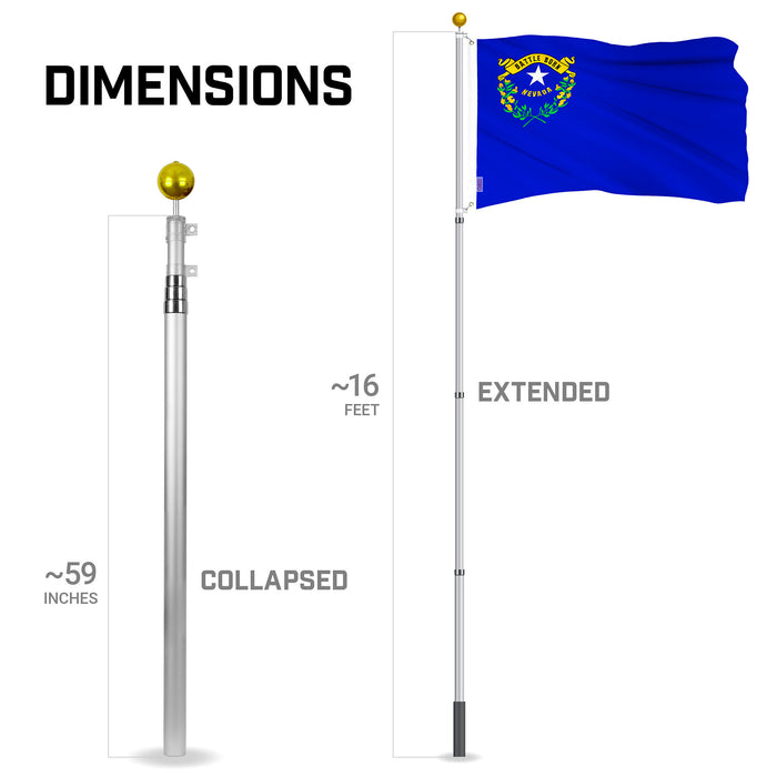 G128 Combo Pack: 16 Ft Telescoping Aluminum Flagpole (Silver) & Nevada NV  3x5 Ft, ToughWeave Series Embroidered 300D Polyester | Pole with Flag Included