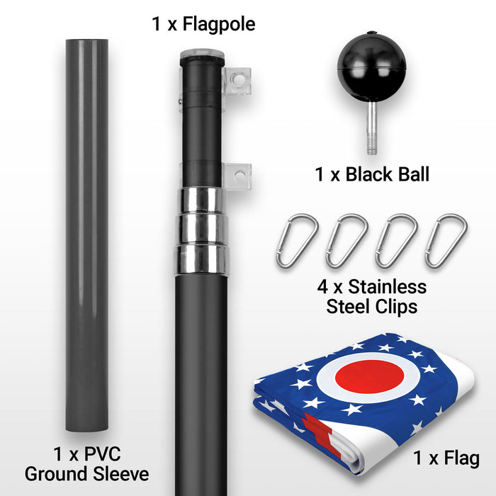 G128 Combo Pack: 16 Ft Telescoping Aluminum Flagpole (Black) & Ohio OH  3x5 Ft, ToughWeave Series Embroidered 300D Polyester | Pole with Flag Included