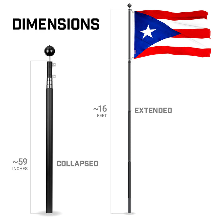 G128 Combo Pack: 16 Ft Telescoping Aluminum Flagpole (Black) & Puerto Rico Puerto Rican Flag 3x5 Ft, ToughWeave Series Embroidered 300D Polyester | Pole with Flag Included