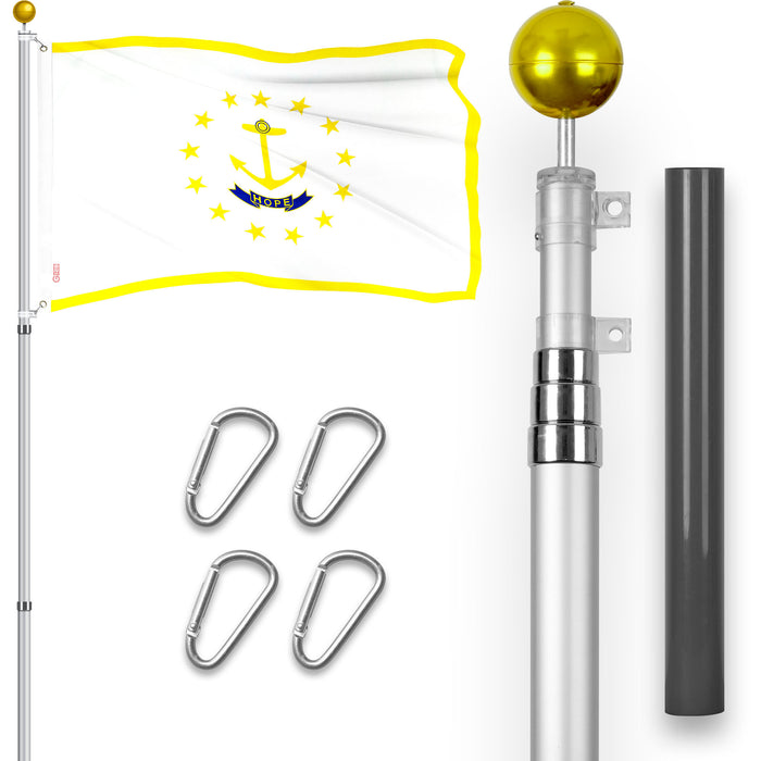 G128 Combo Pack: 16 Ft Telescoping Aluminum Flagpole (Silver) & Rhode Island RI  3x5 Ft, ToughWeave Series Embroidered 300D Polyester | Pole with Flag Included