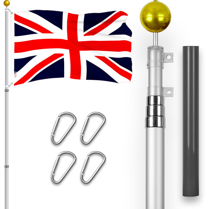 G128 Combo Pack: 16 Ft Telescoping Aluminum Flagpole (Silver) & UK United Kingdom Flag 3x5 Ft, ToughWeave Series Embroidered 300D Polyester | Pole with Flag Included