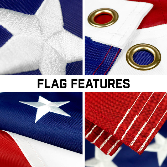 G128 Combo Pack: 16 Ft Telescoping Aluminum Flagpole (Black) & American USA Flag 3x5 Ft, ToughWeave Series Embroidered 210D Polyester | Pole with Flag Included