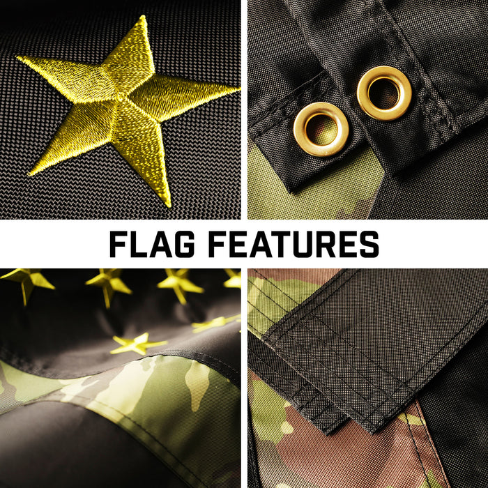 G128 Combo Pack: 16 Ft Telescoping Aluminum Flagpole (Black) & American USA Camouflage Flag 3x5 Ft, ToughWeave Pro Series Embroidered 420D Polyester | Pole with Flag Included