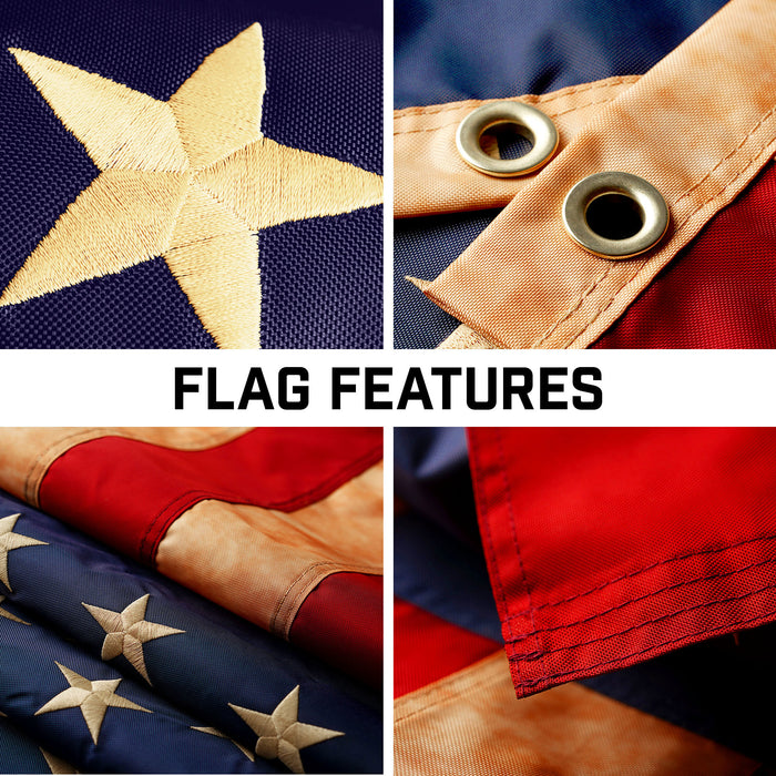 G128 Combo Pack: 16 Ft Telescoping Aluminum Flagpole (Black) & American USA Tea-Stained Flag 3x5 Ft, ToughWeave Pro Series Embroidered 420D Polyester | Pole with Flag Included