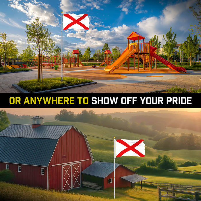 G128 Combo Pack: 16 Ft Telescoping Aluminum Flagpole (Silver) & Alabama AL  3x5 Ft, ToughWeave Series Embroidered 300D Polyester | Pole with Flag Included