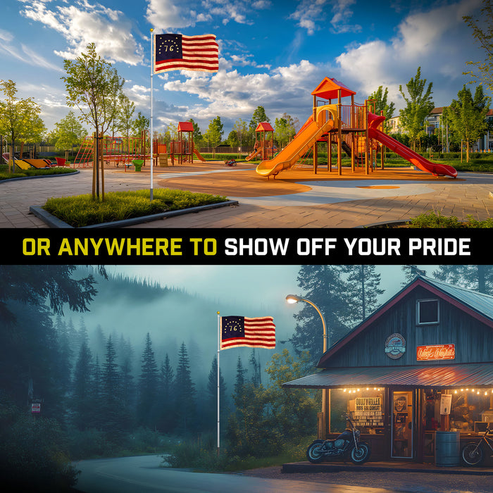 G128 Combo Pack: 16 Ft Telescoping Aluminum Flagpole (Silver) & Bennington 76 Tea-Stained Flag 3x5 Ft, ToughWeave Pro Series Embroidered 420D Polyester | Pole with Flag Included