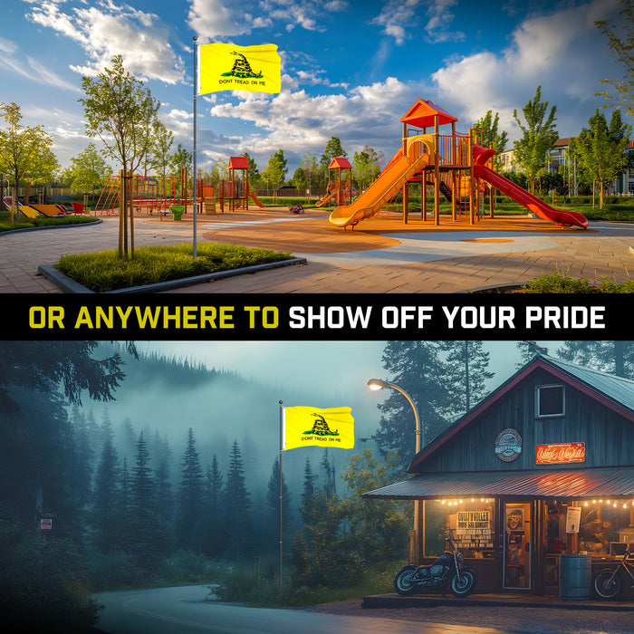 G128 Combo Pack: 16 Ft Telescoping Aluminum Flagpole (Black) & Gadsden Don't Tread On Me Flag 3x5 Ft, ToughWeave Series Embroidered 300D Polyester | Pole with Flag Included