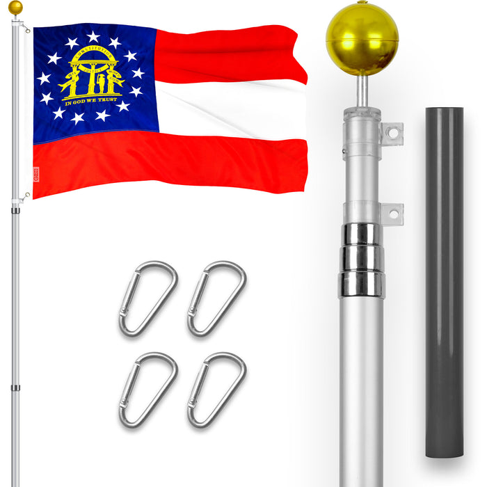 G128 Combo Pack: 16 Ft Telescoping Aluminum Flagpole (Silver) & Georgia GA  3x5 Ft, ToughWeave Series Embroidered 300D Polyester | Pole with Flag Included