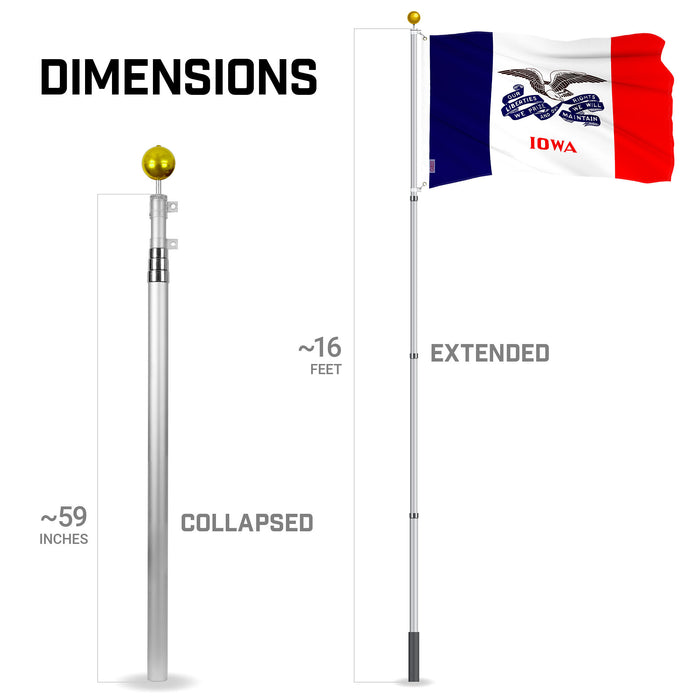 G128 Combo Pack: 16 Ft Telescoping Aluminum Flagpole (Silver) & Iowa IA 2019  3x5 Ft, ToughWeave Series Embroidered 300D Polyester | Pole with Flag Included