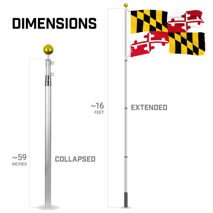 G128 Combo Pack: 16 Ft Telescoping Aluminum Flagpole (Silver) & Maryland MD  3x5 Ft, ToughWeave Series Embroidered 300D Polyester | Pole with Flag Included